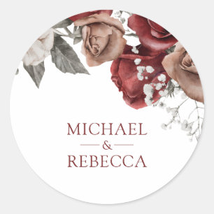 Burgundy Red Roses Floral Wedding Favor Classic Round Sticker