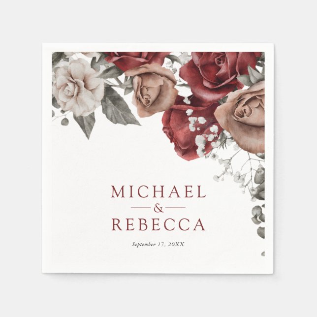 Burgundy Red Roses Floral Wedding Napkin (Front)