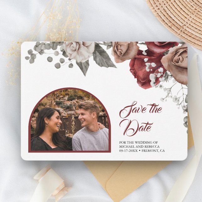 Burgundy Red Roses Floral Wedding Photo Save The Date (Creator Uploaded)