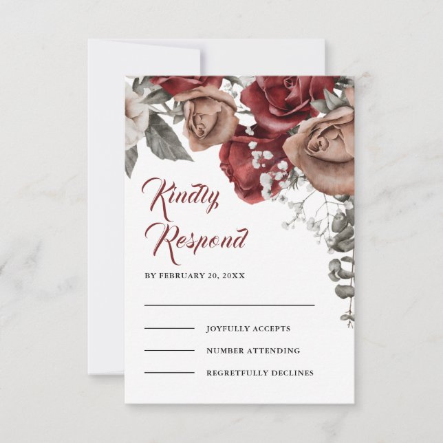Burgundy Red Roses Floral Wedding RSVP Card (Front)
