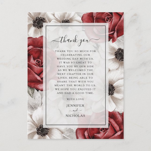 Burgundy Red Roses Floral Wedding Thank You  Postcard (Front)