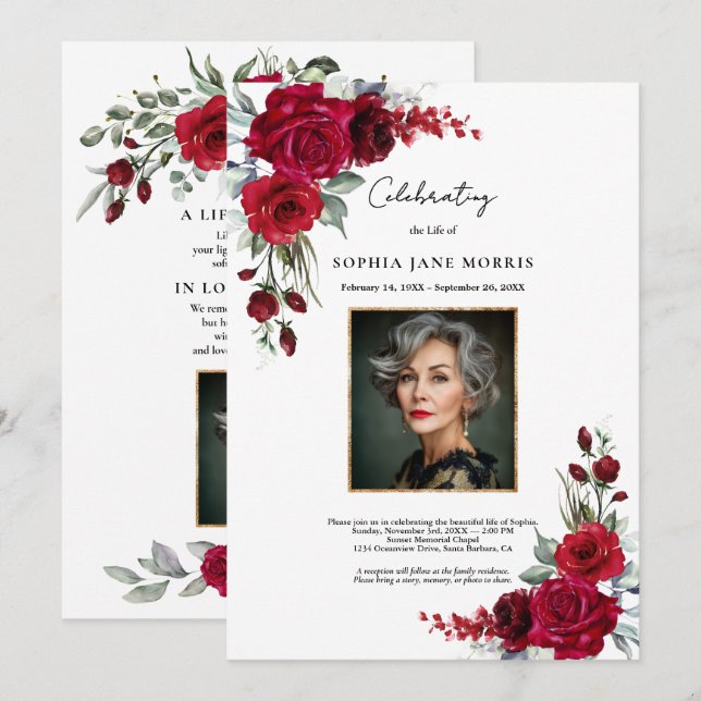 Burgundy Red Roses Funeral Invitation (Front/Back)