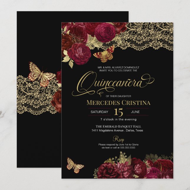 Burgundy Red Roses Gold Lace Butterfly Quinceañera Invitation (Front/Back)