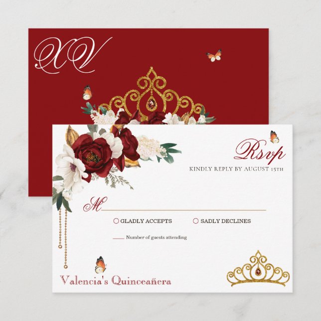 Burgundy Red Roses Gold Tiara Quinceanera RSVP Card (Front/Back)