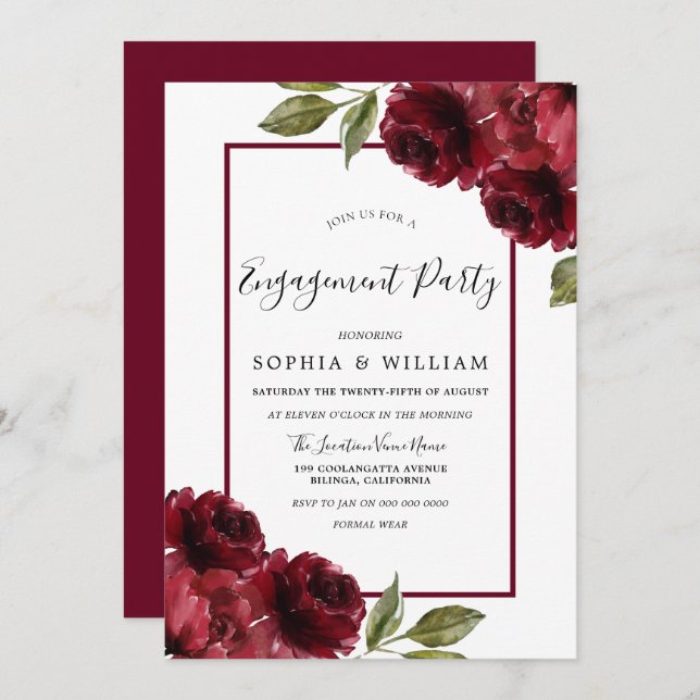 Burgundy Red Roses Modern Engagement Party Invitation (Front/Back)