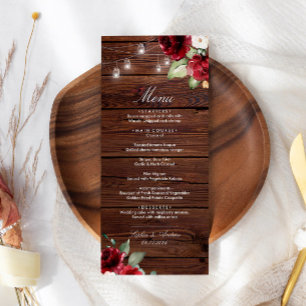 Burgundy Red Roses Rustic Wood Wedding Menu