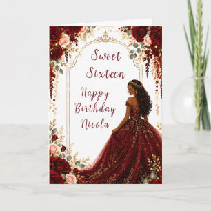 Burgundy Red Roses Sweet Sixteen Gold Party Card