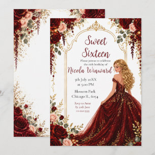 Burgundy Red Roses Sweet Sixteen Gold Party Invitation