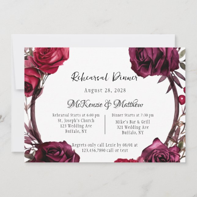 Burgundy Red Roses Wreath Rehearsal Dinner  Invitation (Front)