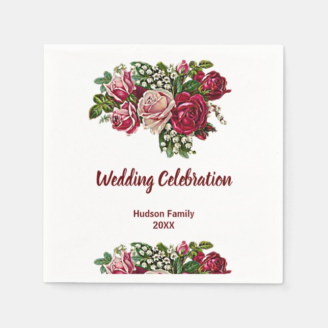 Burgundy Red Rustic Roses Floral Country Wedding Napkin (Front)