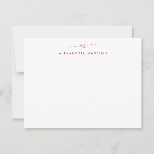 Burgundy Red Script Monogram Chic Swash Stationery Card (Front)
