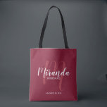 Burgundy Red Script Personalized Bridesmaids Tote Bag<br><div class="desc">Add a personal touch to your wedding with personalized bridesmaids gift tote bag. This tote bag features personalized bridesmaid's name in white modern script font style and monogram in light red modern script font style as background with title and wedding date in white modern sans serif font style on burgundy...</div>