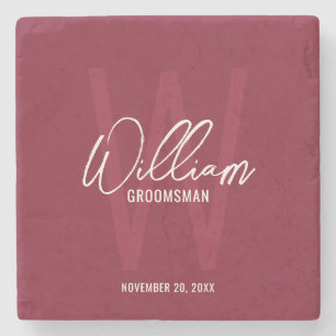 Burgundy Red Script Personalized Groomsman's Name Stone Coaster