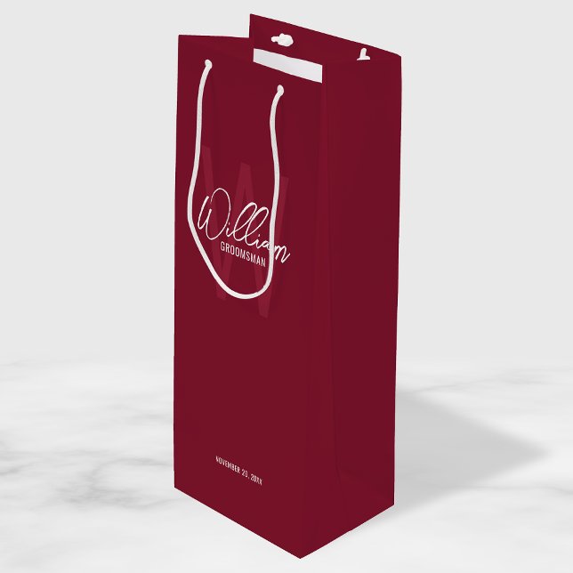 Burgundy Red Script Personalized Groomsman's Name Wine Gift Bag (Creator Uploaded)