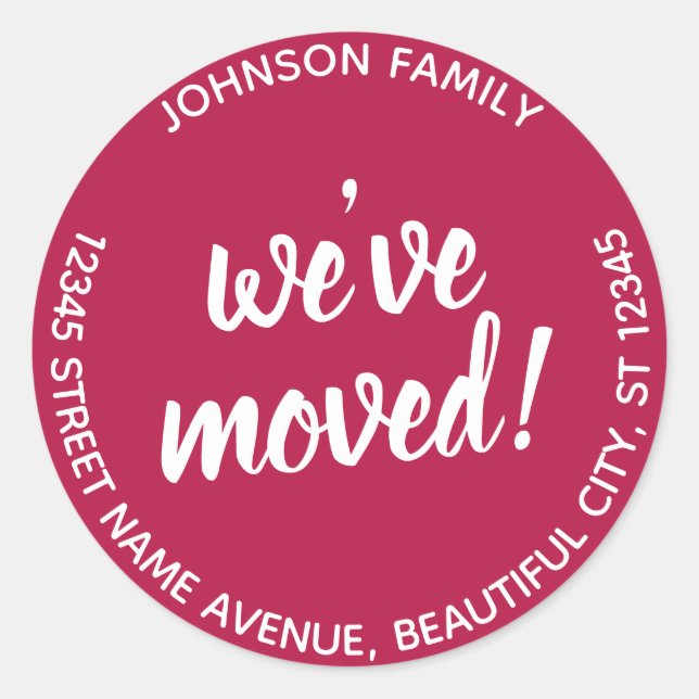 Burgundy Red Script We've Moved New Address Label (Front)