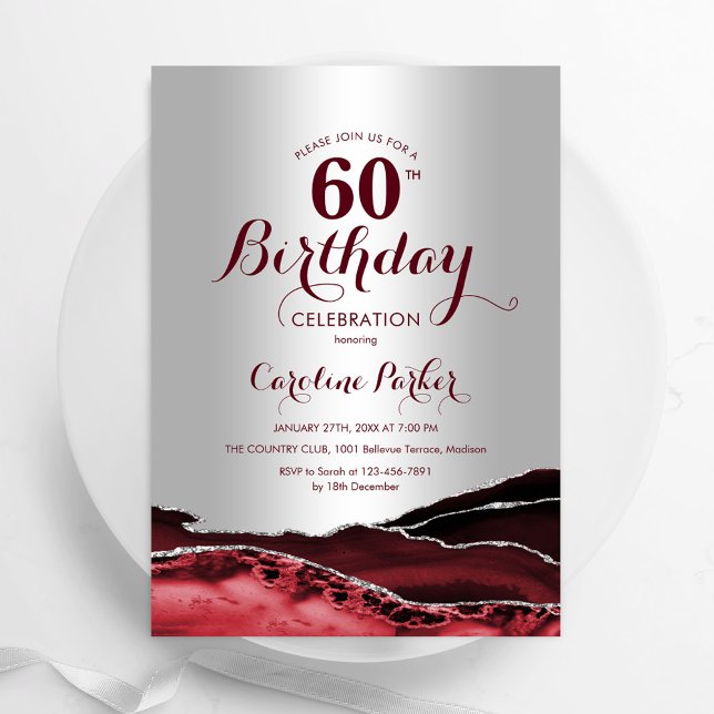 Burgundy Red Silver Agate 60th Birthday Party Invitation (Creator Uploaded)