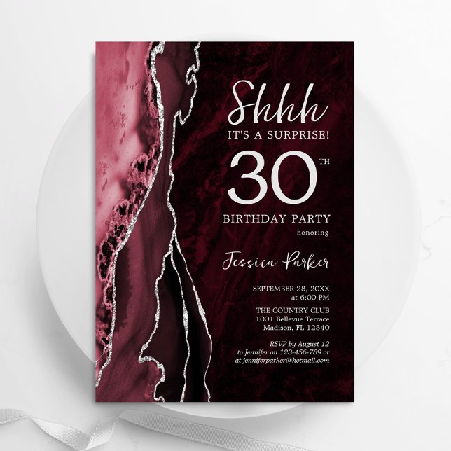 Burgundy Red Silver Agate Surprise 30th Birthday Invitation (Creator Uploaded)
