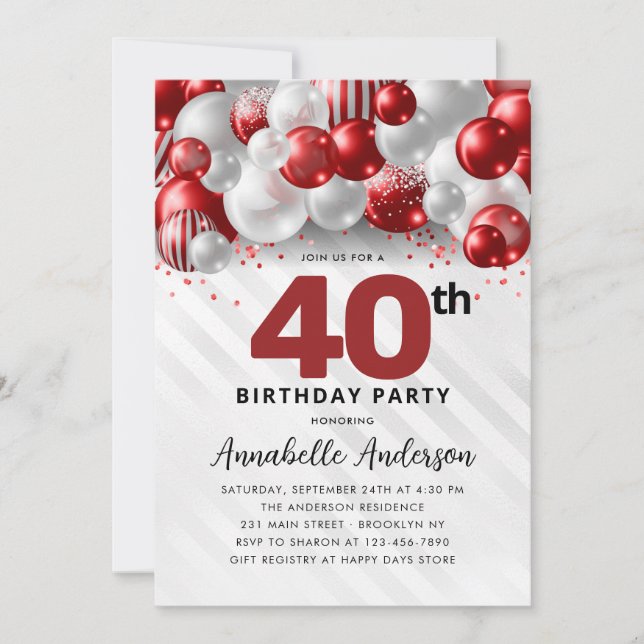 Burgundy Red Silver Balloon Glitter 40th Birthday Invitation (Front)