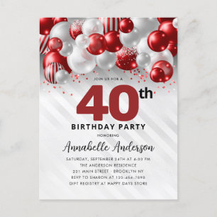 Burgundy Red Silver Balloon Glitter 40th Birthday  Postcard