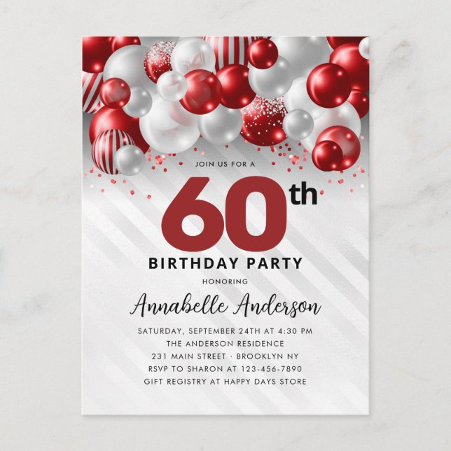 Burgundy Red Silver Balloon Glitter 60th Birthday  Postcard (Front)