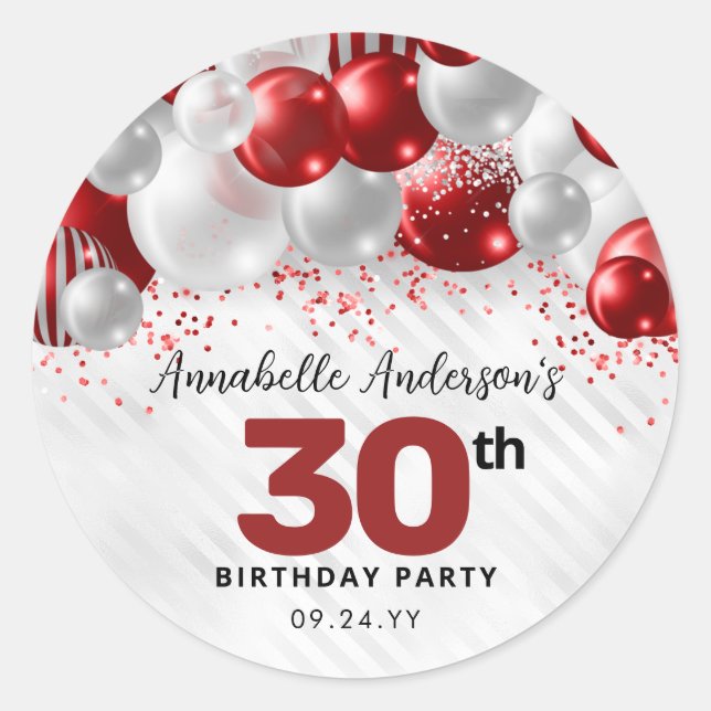 Burgundy Red Silver Balloon Glitter Favour Birthda Classic Round Sticker (Front)