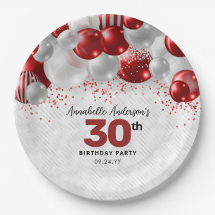Burgundy Red Silver Balloon Glitter Favour Birthda Paper Plate