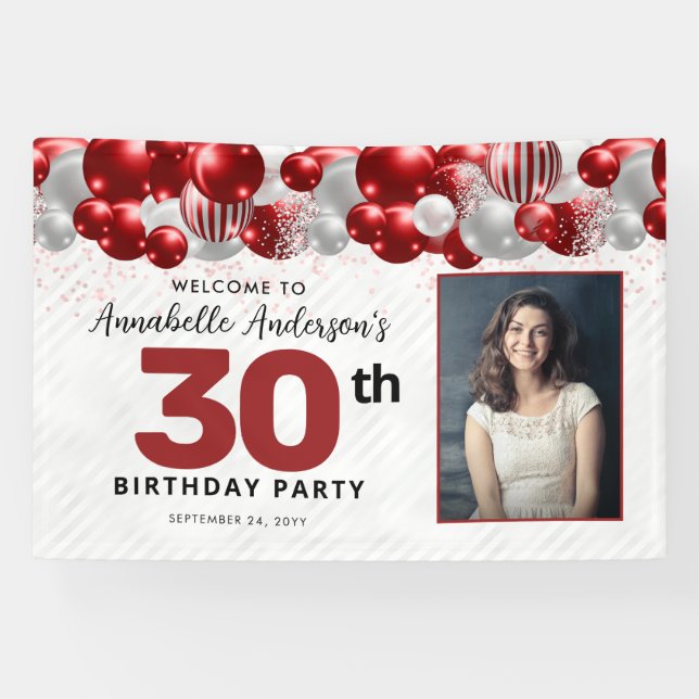 Burgundy Red Silver Balloon Glitter Photo Welcome Banner (Horizontal)