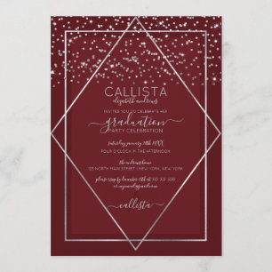 Burgundy Red Silver Confetti Border Graduation Invitation