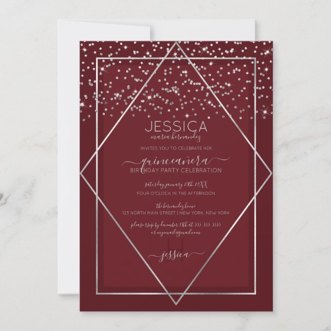 Burgundy Red Silver Confetti Border Quinceañera Invitation (Front)