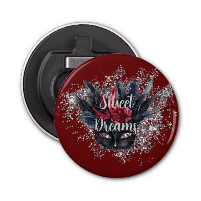 Burgundy Red Silver Glitter Feathered Mask Bottle Opener (Front)