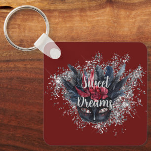 Burgundy Red Silver Glitter Feathered Mask Keychain