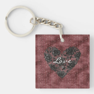 Burgundy Red Stripes Black Faux Lace Floral Heart Keychain