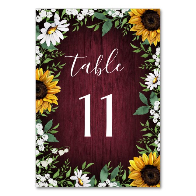 Burgundy Red Sunflower Greenery Wreath Wedding Table Number (Front)