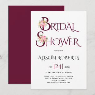 Burgundy red typography, pink roses bridal shower invitation