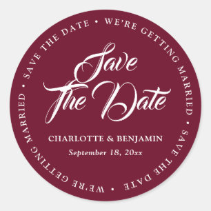Burgundy Red Typography Wedding Save The Date Classic Round Sticker