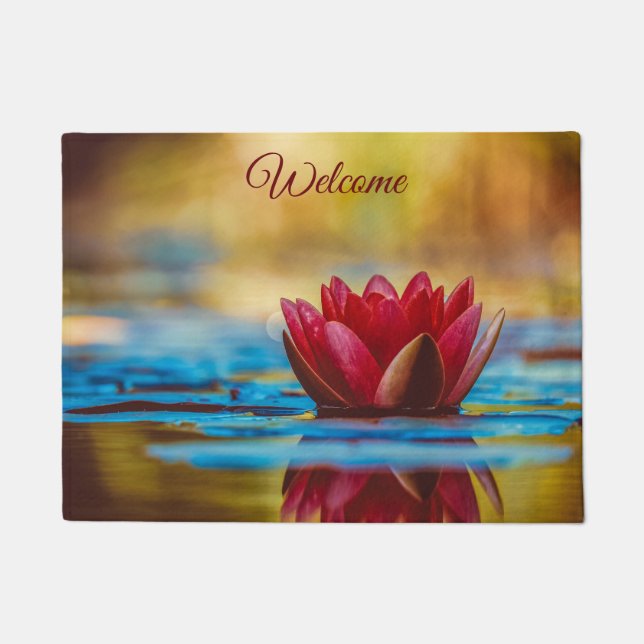 Burgundy Red Water Lily Welcome Doormat (Front)