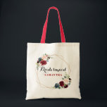 Burgundy Red watercolor Floral Bridesmaid gift Tote Bag<br><div class="desc">Romantic Watercolor Burgundy Red Navy Floral Geometric Rustic Boho Wedding / bridal shower bridesmaid gift tote bag. Perfect for a fall / midsummer wedding. The design features a stunning bouquet of burgundy / Marsala , peach , navy flowers with matching leaves. Please find more matching designs and variations in my...</div>