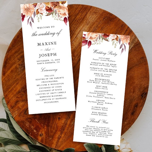 Burgundy Red Watercolor Floral Wedding Program (Personalized burgundy floral wedding program elegantly guides guests through your ceremony.)