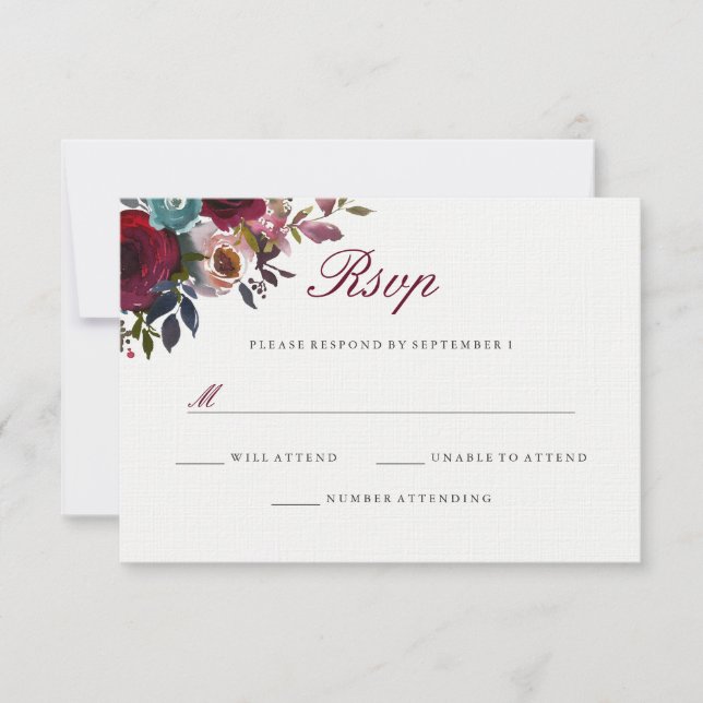 Burgundy Red Watercolor Floral Wedding RSVP (Front)