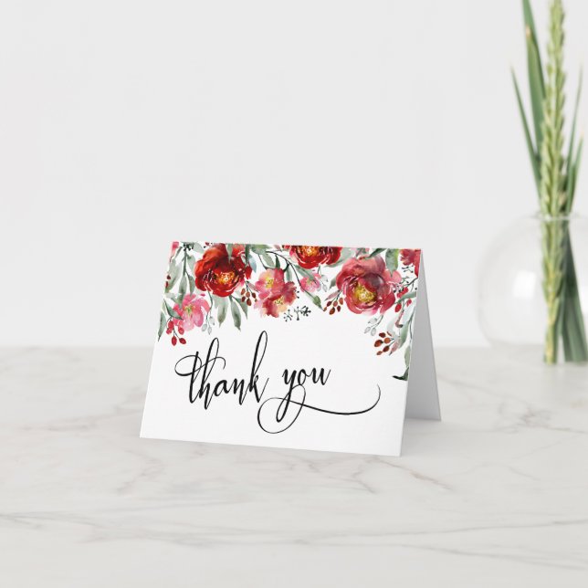 Burgundy Red Watercolor Flowers Thank You Script Card (Front)