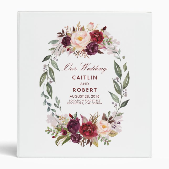 Burgundy Red Watercolor Flowers Wedding Binder (Front)