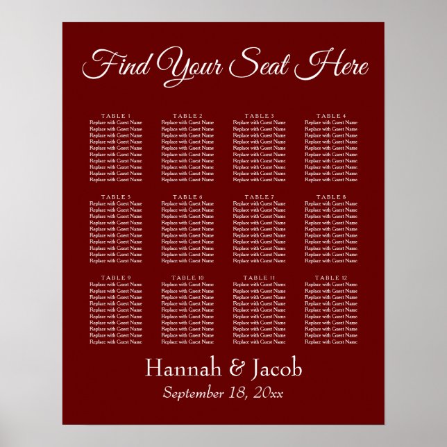 Burgundy Red Wedding Reception Seating Chart (Front)