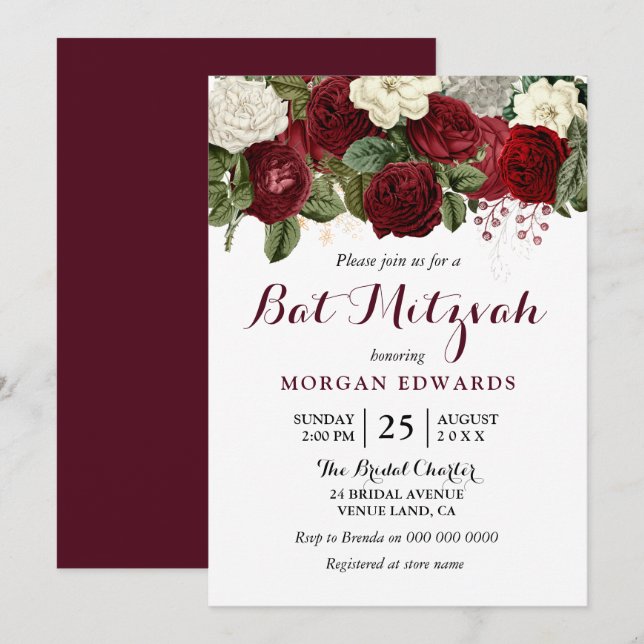 Burgundy Red White Floral Bat Mitzvah Invitation (Front/Back)