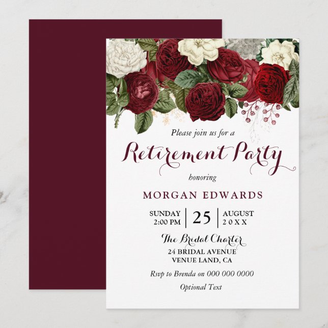 Burgundy Red White Floral Retirement Party Invite (Front/Back)