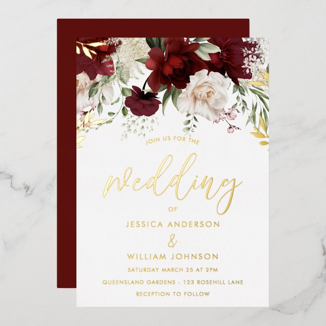 Burgundy Red & White Floral Wedding Gold  (Front/Back)