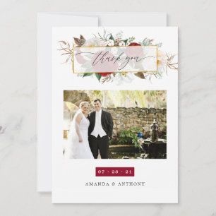 Burgundy Red & White Floral Wedding Photo Collage Thank You Card