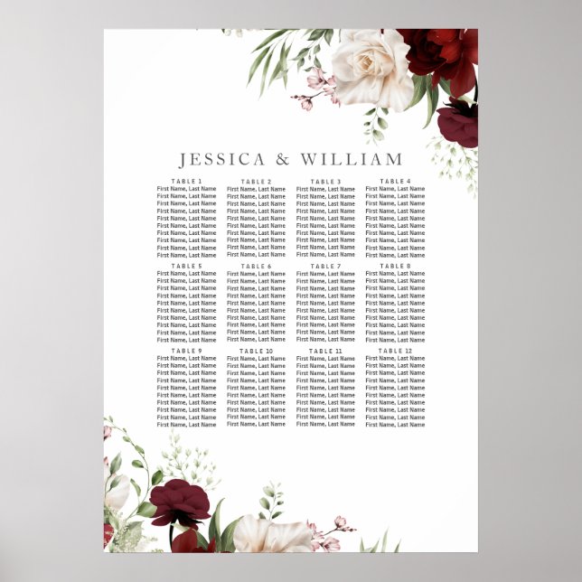 Burgundy Red White Floral Wedding Seating Chart (Front)