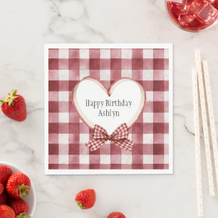 Burgundy Red White Heart Ribbon Birthday Napkin