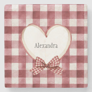 Burgundy Red White Heart Ribbon Birthday Stone Coaster