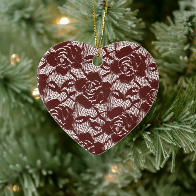 Burgundy Red White Lace Floral Ceramic Ornament (Tree)